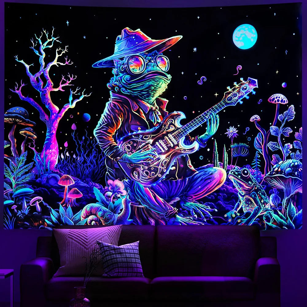 Neon Blacklight Tapestry UV Reactiv Alien DJ Tapestry Glow In The Dark Bohemian Elegance for Artful Wall Hanging and Home Décor