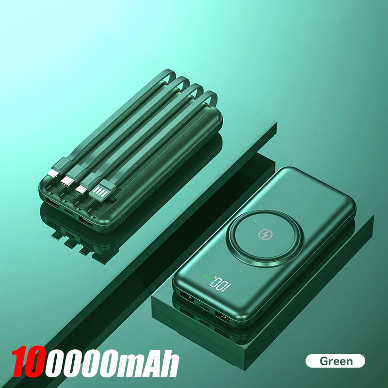 40000mah Wireless Power Bank Large Capacity Portable 5In1 Charge Powerbank Built-in Cables Dual USB External Battery For Xiaomi