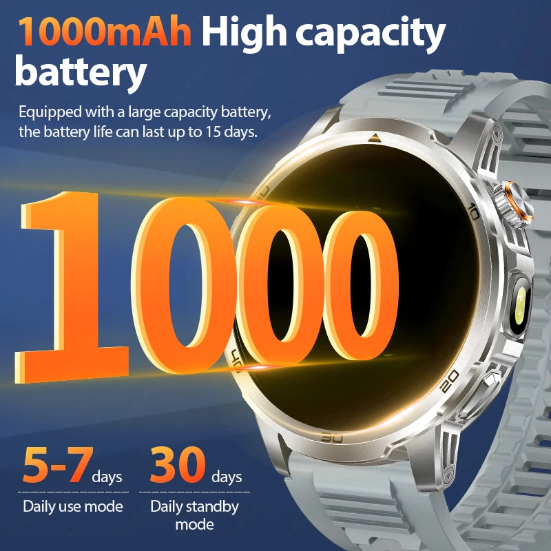 LIGE Military Grade 1000mAh Battery Smart Watch Men Flashlight SOS Red Light Sports Watches Waterproof Bluetooth Call Smartwatch