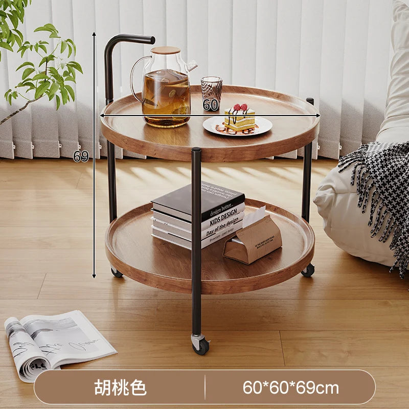 Solid Wood Rolling Cart Table Movable Side Wheels Compact Wooden Tea Trolley Living Room Portable Coffee Bedroom Bedside Storage