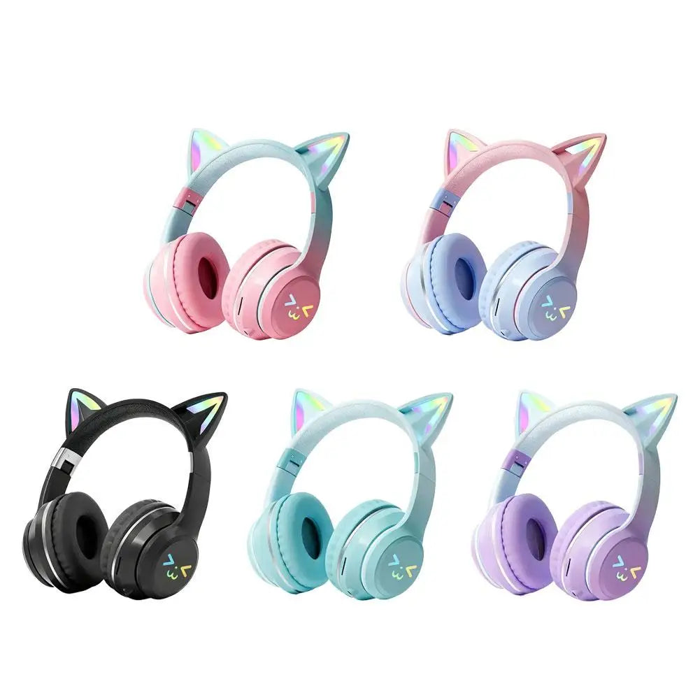 Wireless Headphones Cat Ear Gaming Headset Glow Light Bluetooth-Compatible Helmets Cute Over-Ear Headsets For Kids And Adult