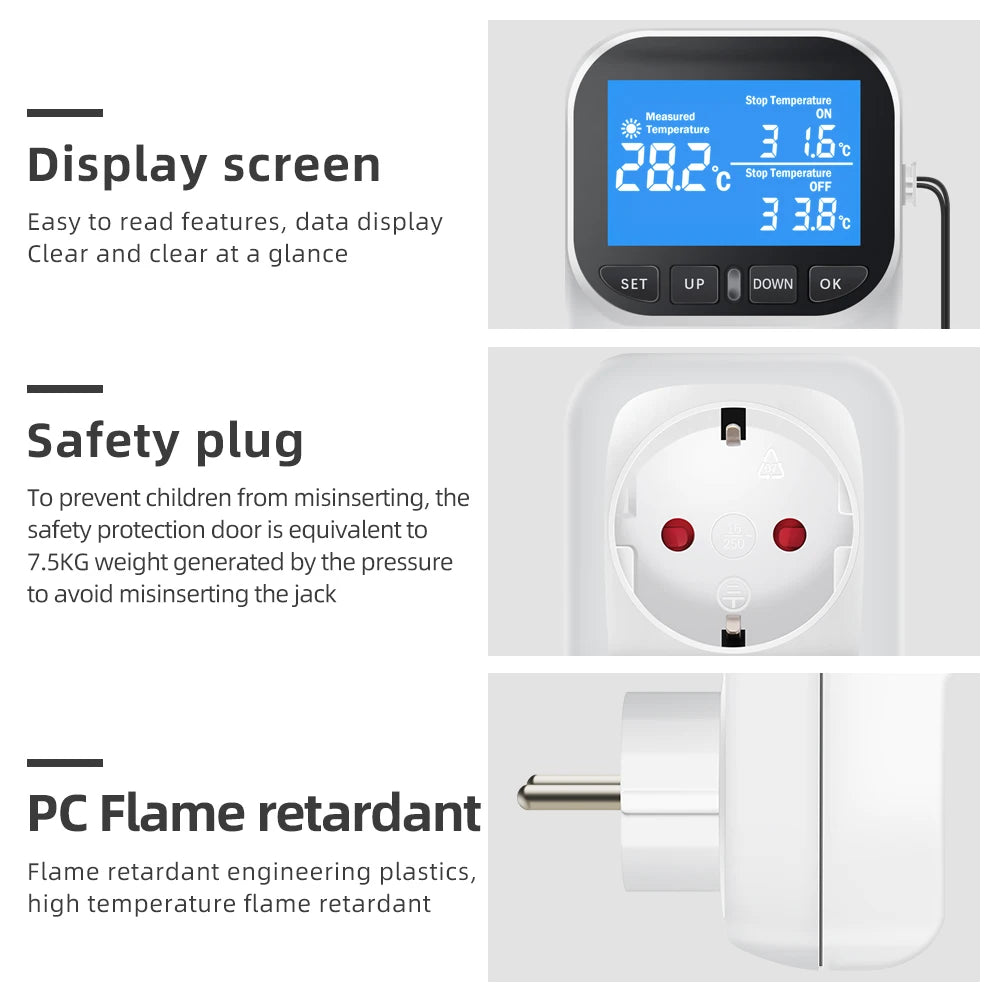 16A Thermostat Socket Multi-Function Temperature Controller Outlet with Timer Switch Sensor Probe Heating Cooling Switch