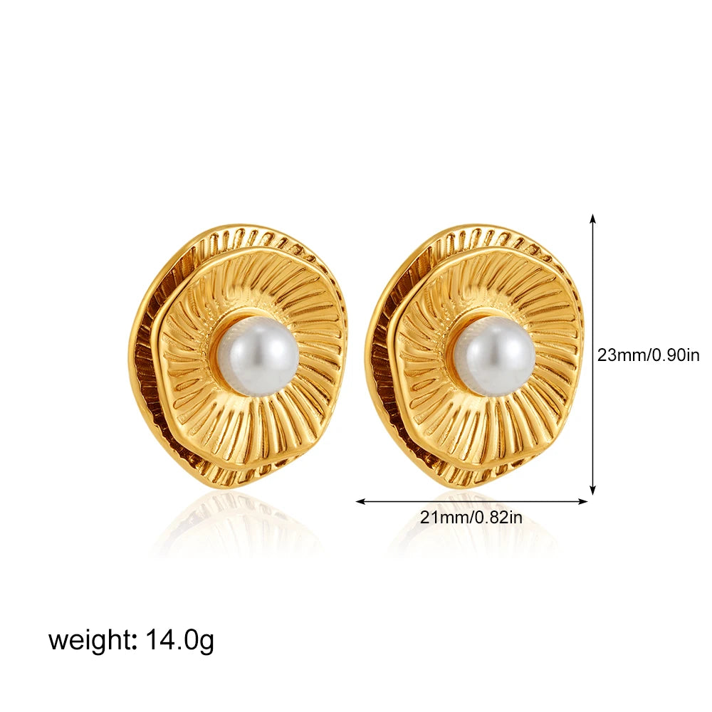 Fashion Stainless Steel Pearl Earrings for Women Texture Geometric Irregular Round Metal Stud Earring Trendy Jewelry Gift
