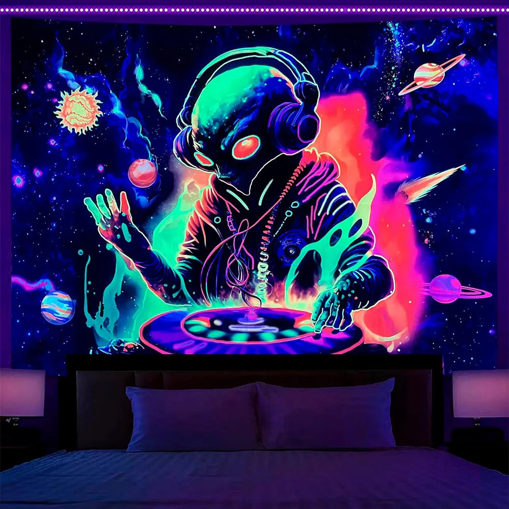 Neon Blacklight Tapestry UV Reactiv Alien DJ Tapestry Glow In The Dark Bohemian Elegance for Artful Wall Hanging and Home Décor