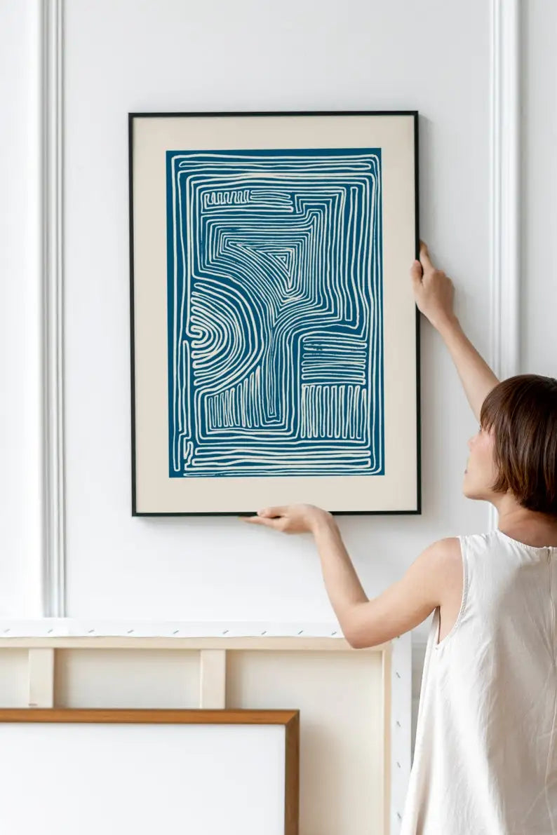 Minimalistic Wall Decor - Line Art Print - Blue Wall Art Prints - Mid Century Modern Wall Art - Neutral Abstract canvas Poster