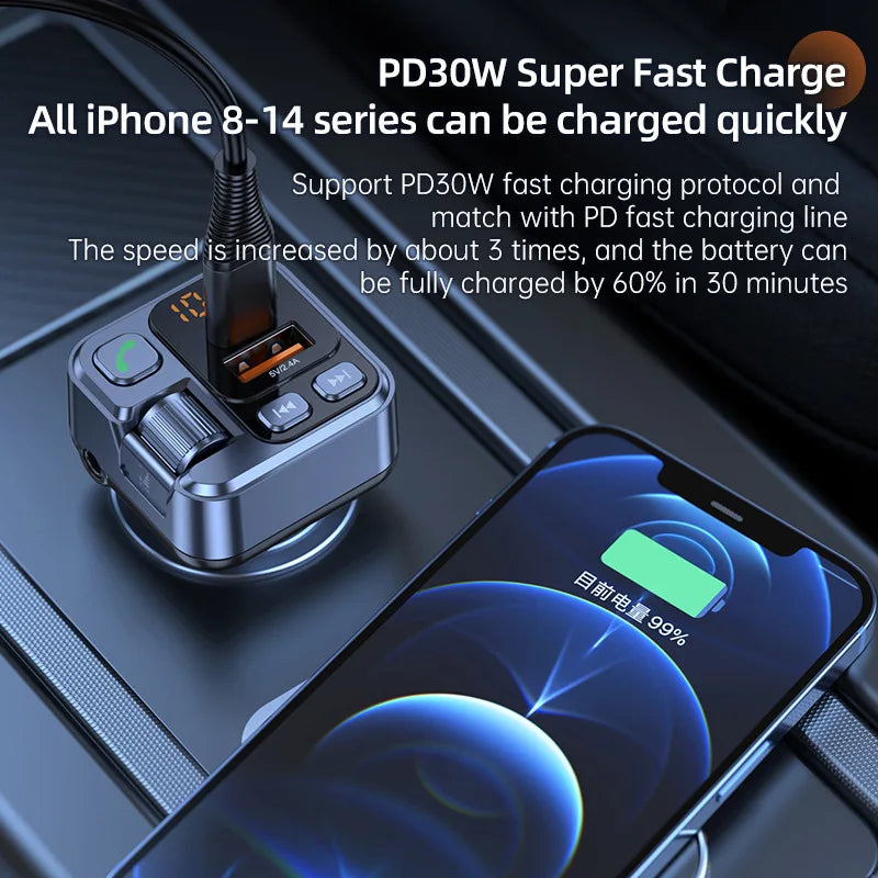 Car FM Transmiter Bluetooth Receiver USB U Disk Read PD30W Fast Charging Car Mobile Phone Adapter  Support AUX audio input