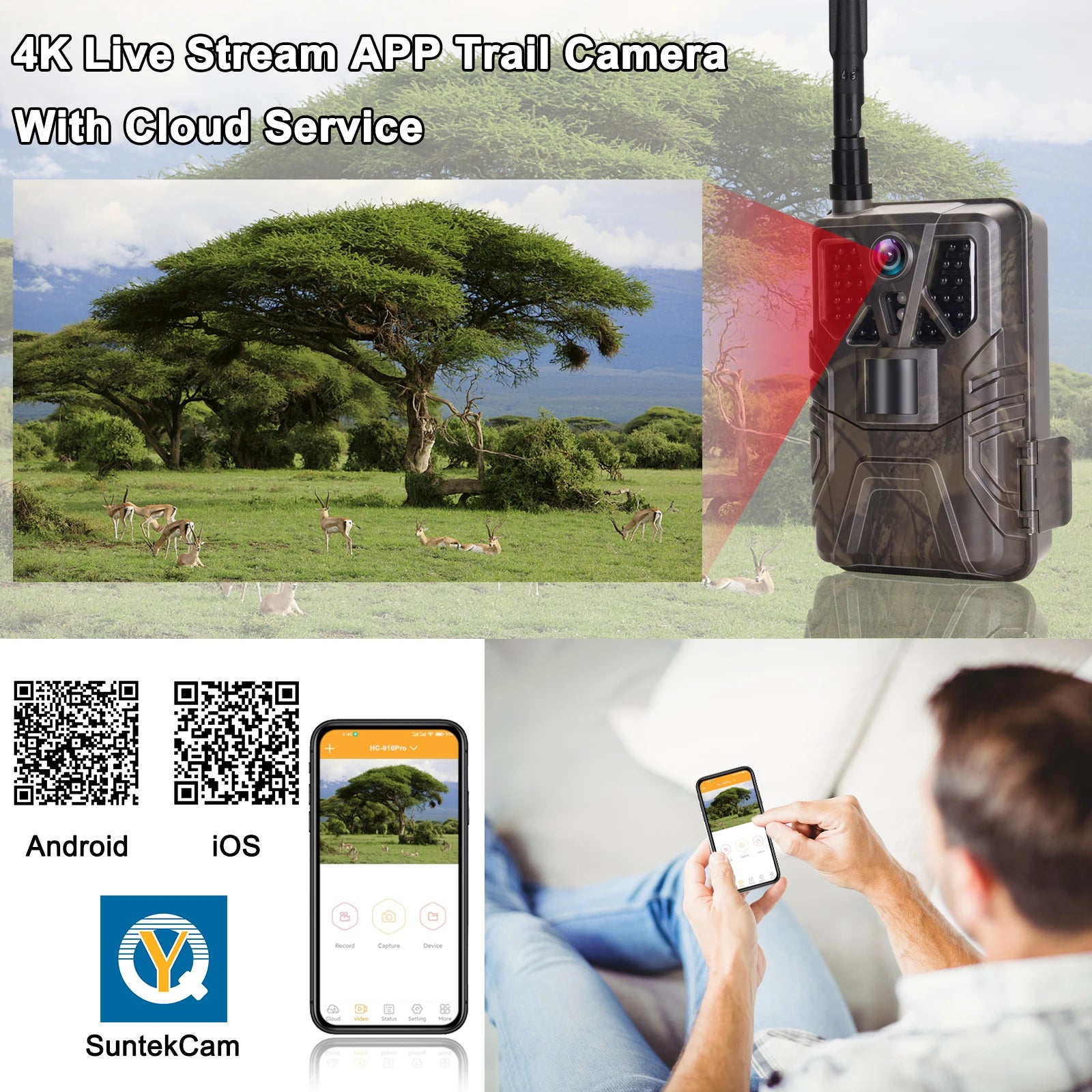 4K 30fps Trail Camera with APP Control Cloud Service 4G 30MP Live Stream Night Vision Wild Hunting Photo Trap HC910PRO