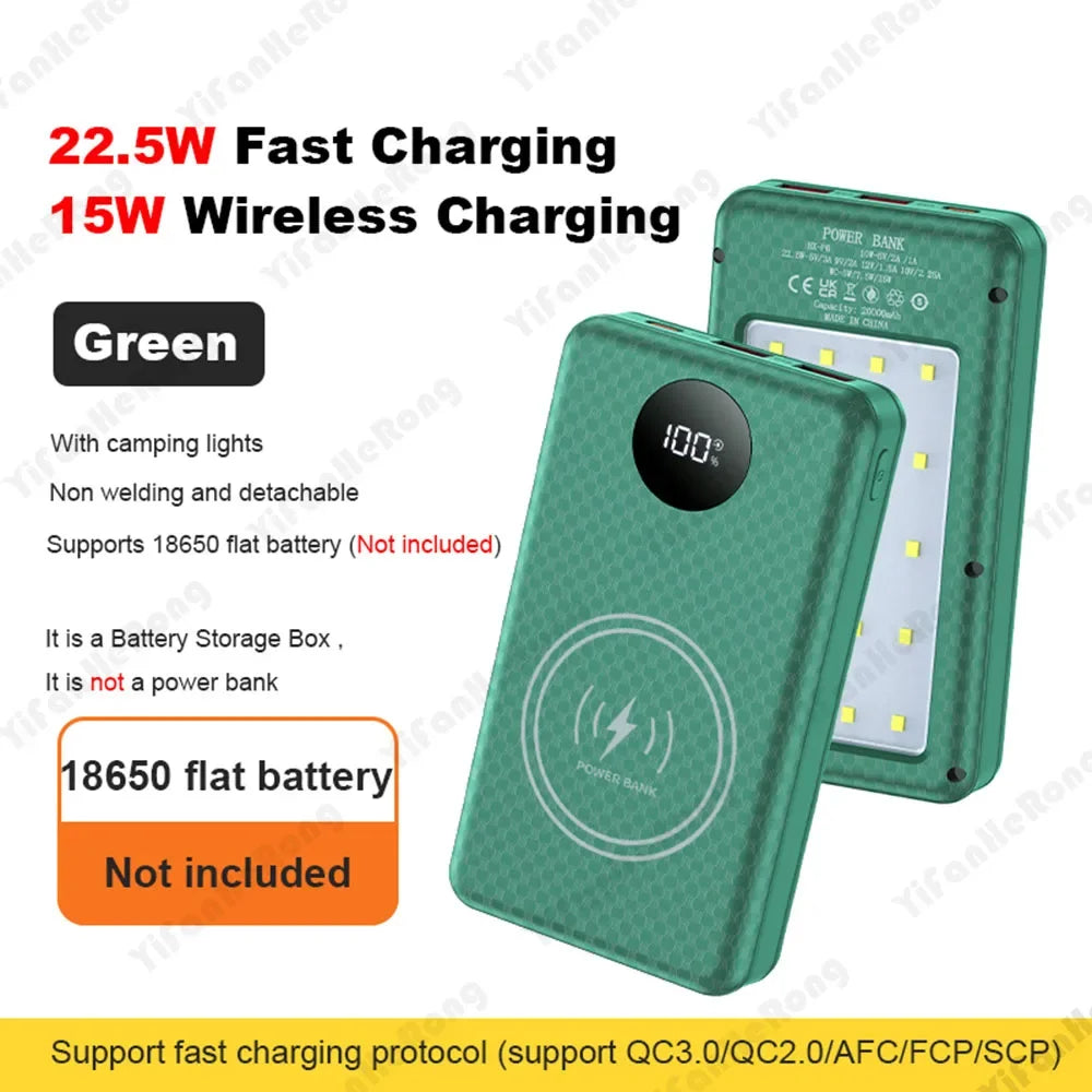 22.5W Wired +15W Wireless External Power Bank Case Battery Charge Storage Box Battery Holder 6*18650 20000mAh Power Bank Case