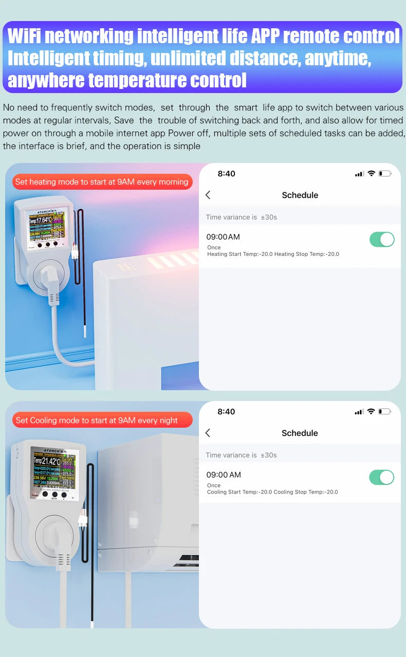 Tuya Wi-Fi Smart Thermostat Socket Outlet Plug Remote Temperature Controller Timer Switch Heating Cooling 3M NTC Sensor 16A