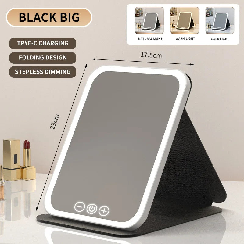 LED Dimmable Makeup Mirror Portable Foldable Design with Touch Screen 3 Colors Light Stepless USB Charging for Beauty Fashion