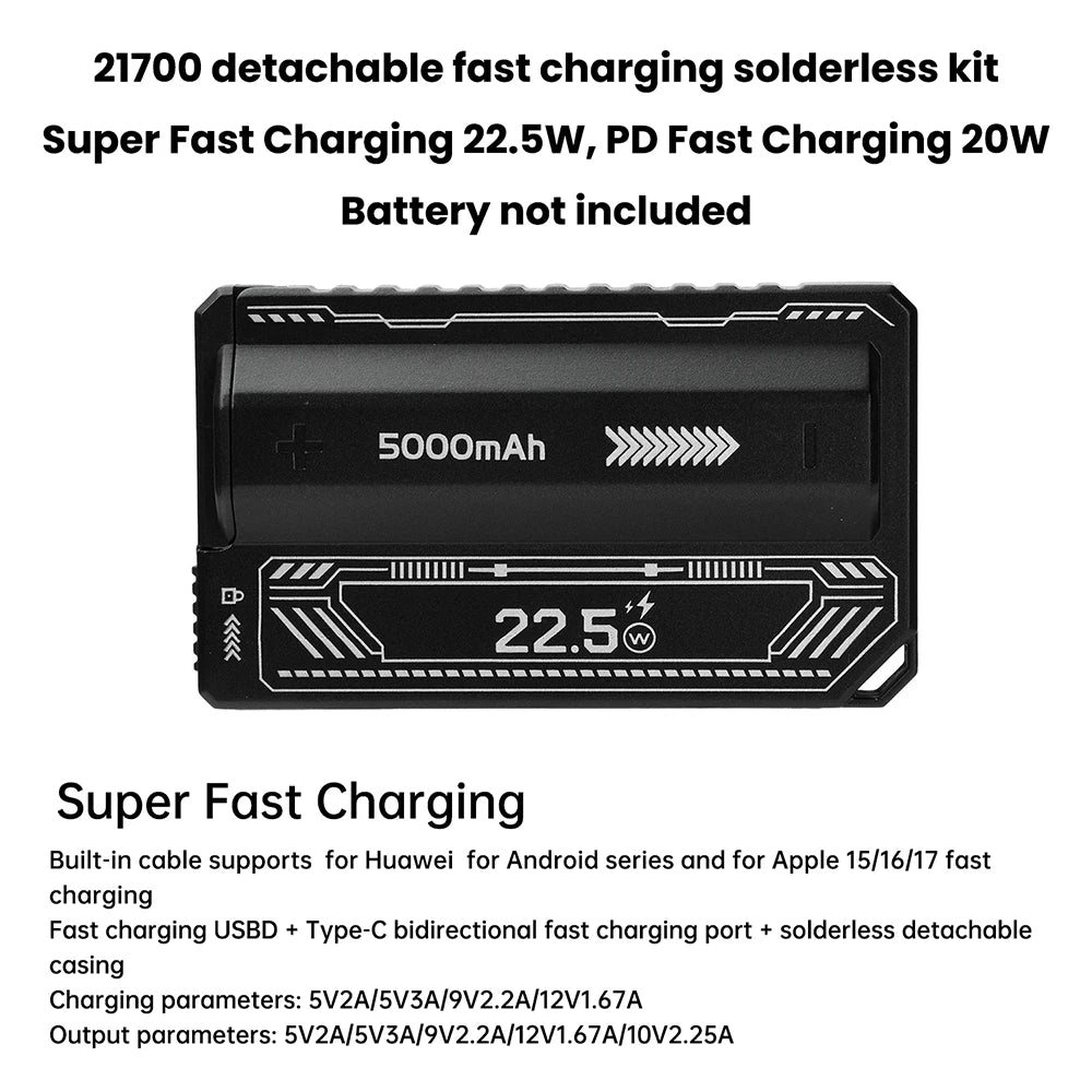 PD20W Power Bank Case High-Capacity 21700 Battery Case Fast Charging Built-in Cable Detachable DIY Power Bank Box