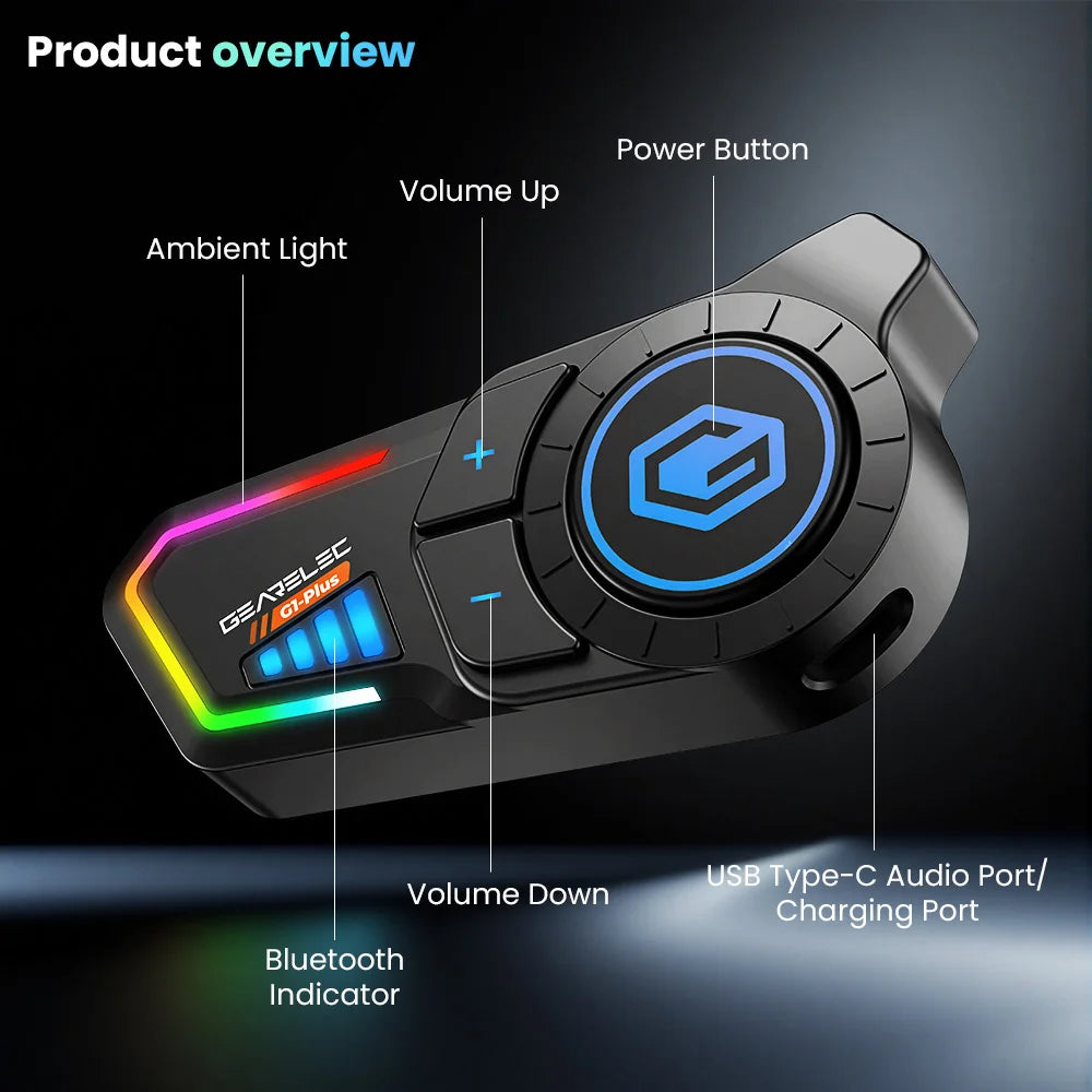 GEARELEC G1 Motorcycle Helmet Bluetooth Headset Hands Free Call IPX67 Waterproof 1000mAh Headset Speakers HiFi Stereo RGB Light