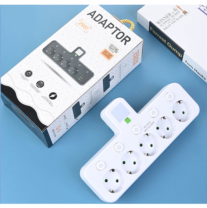 Wireless Wall Charger Socket with 3 AC Outlets +2 USB Ports+ 1 Type C 6-in-1 Plug Socket EU Plug Fast Charging power board