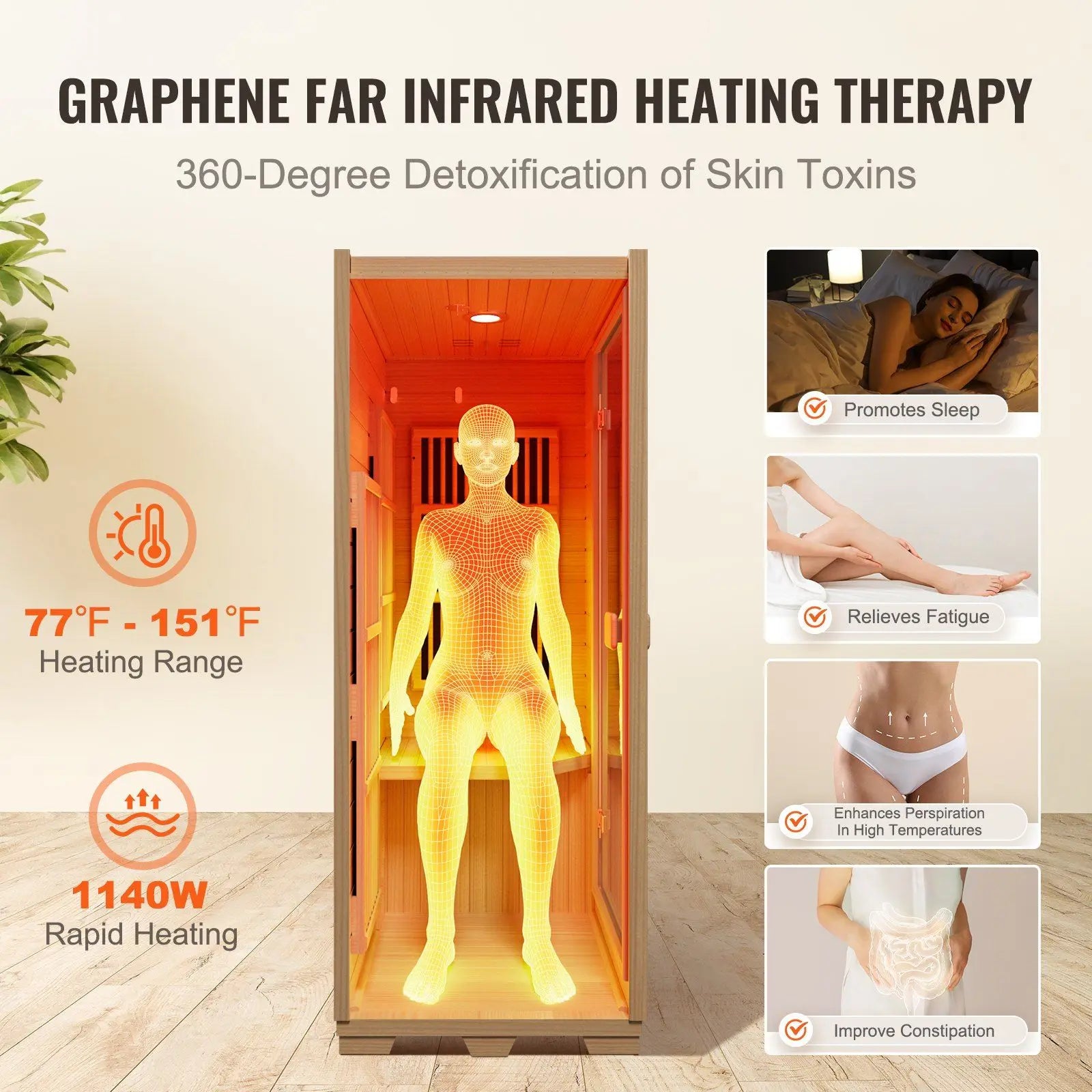Single Person Home Sauna Spa 1140W Indoor Use Far Infrared LED Reading Lamp Bluetooth Speakers Tempered Glass Door Hemlock Wood