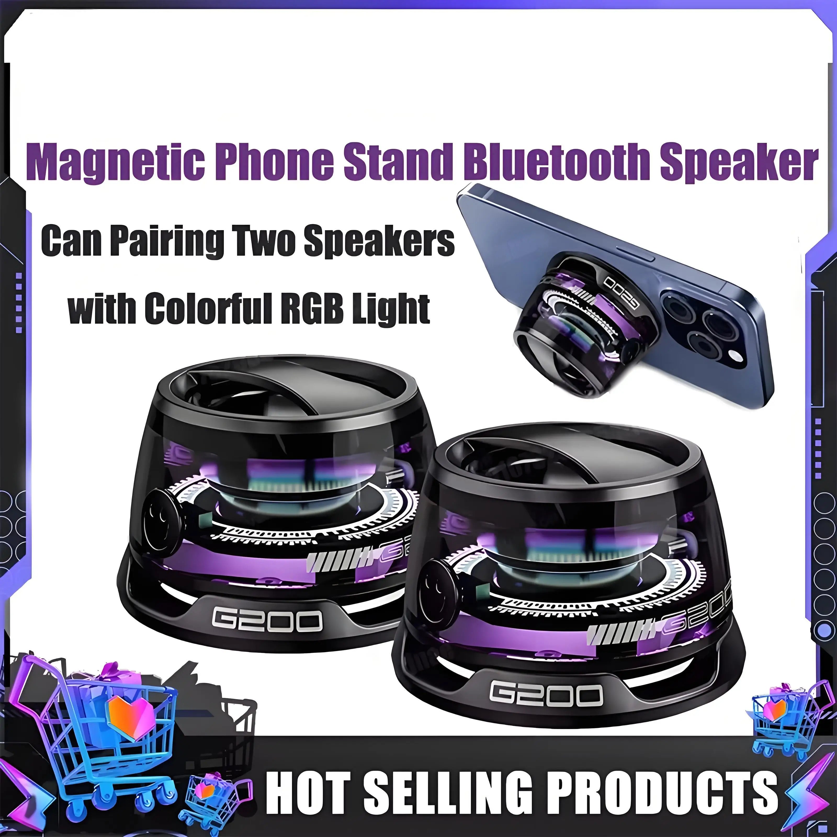 Portable Bluetooth Speaker G200 RGB Lighting Magnetic Speaker BT5.3 Mini Sound Box 7 Hours Playback Phone Holder