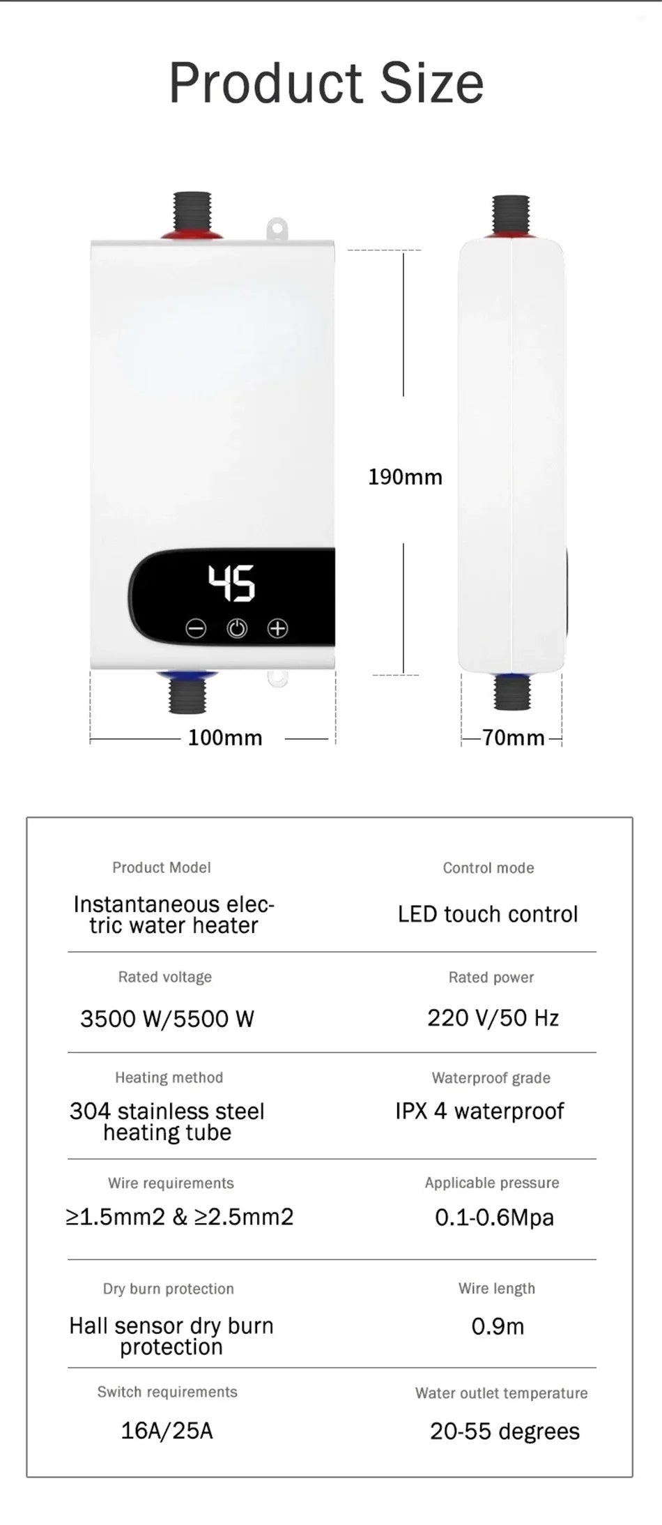 5500W Instant Water Heater 220V Portable Electric Heaters for Bathroom Hot Water Shower and Home Kitchen Heating