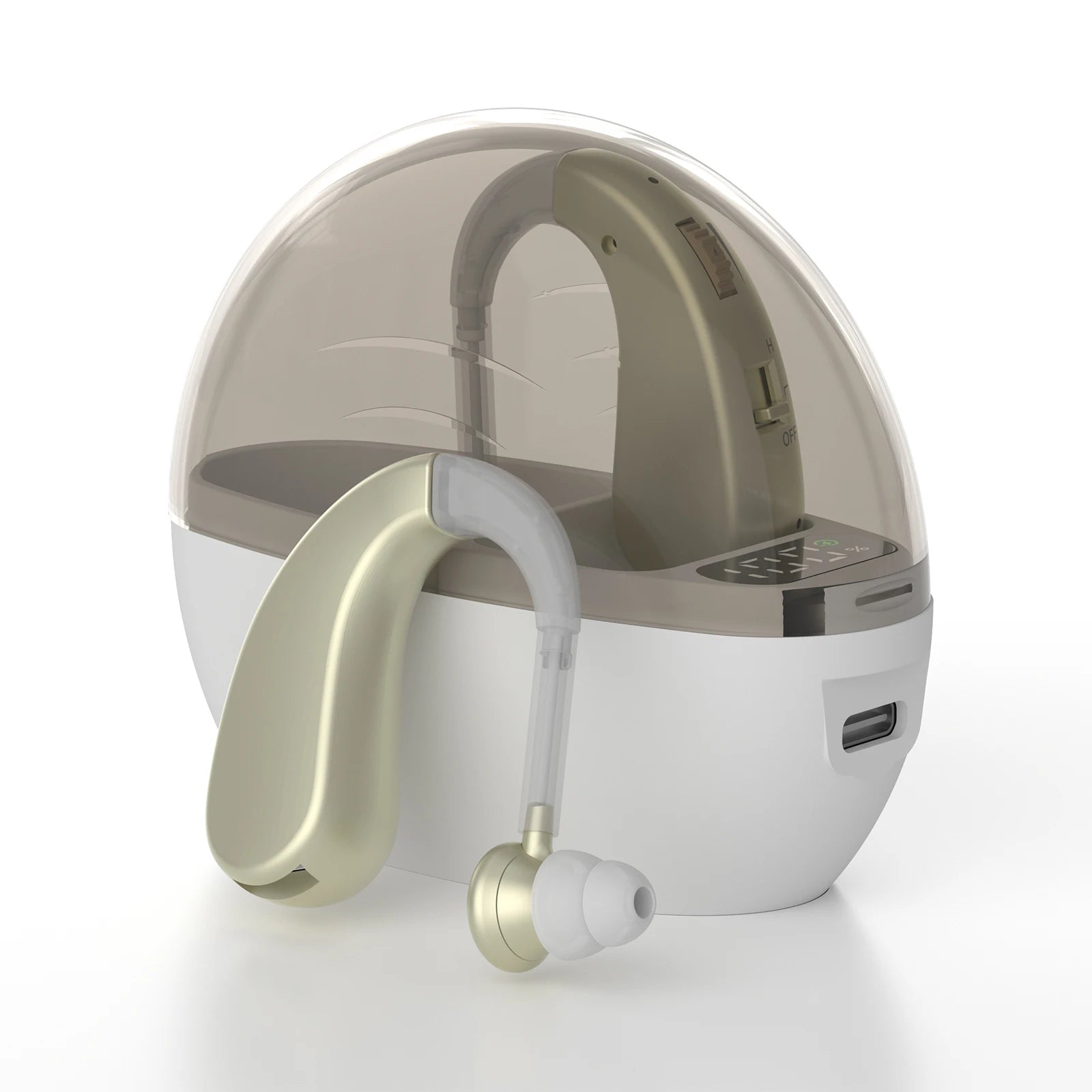 Auxiliary headphones, sound amplifier, noise reduction, adjustable volume, hanging ear with charging case