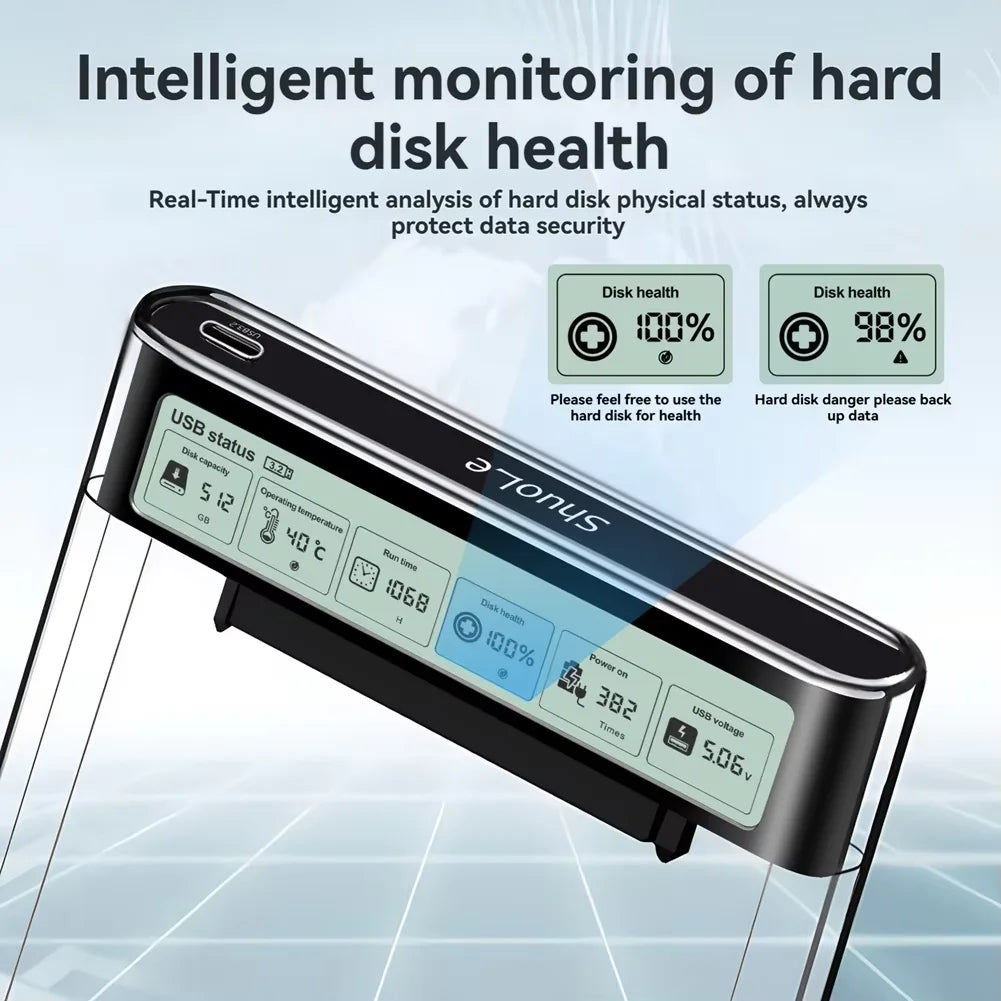 2.5'' HDD SSD Case Smart Display External HDD Enclosure USB3.2 Gen2 Hard Drive Clear Portable Storage Case for Laptop PC
