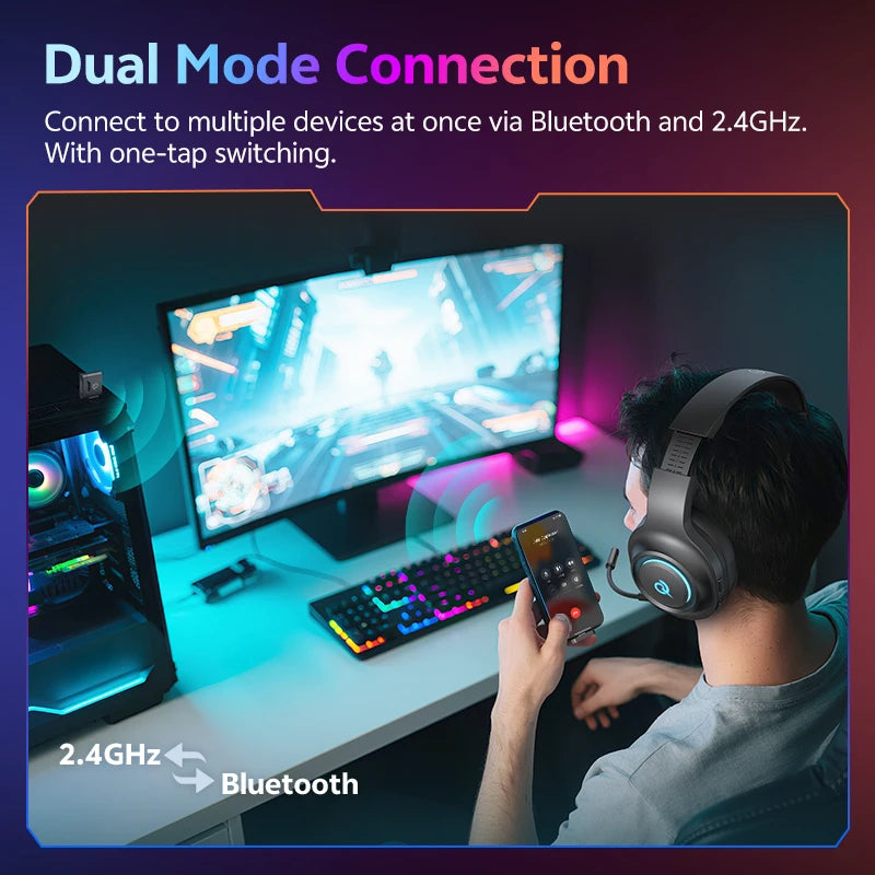 QCY Heroad V200 Gaming Headset Bluetooth 6.0 with Mic 50mm Driver 7.1 Surround Sound RGB Over Ear Headphones for PC Laptop PS4/5