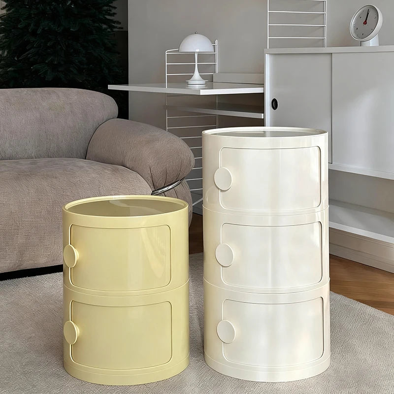 Plastic Round Nightstand Bedside Table Cabinet with Sliding Doors Round Storage Bedside Cabinet Nightstand  for Living Bedroom