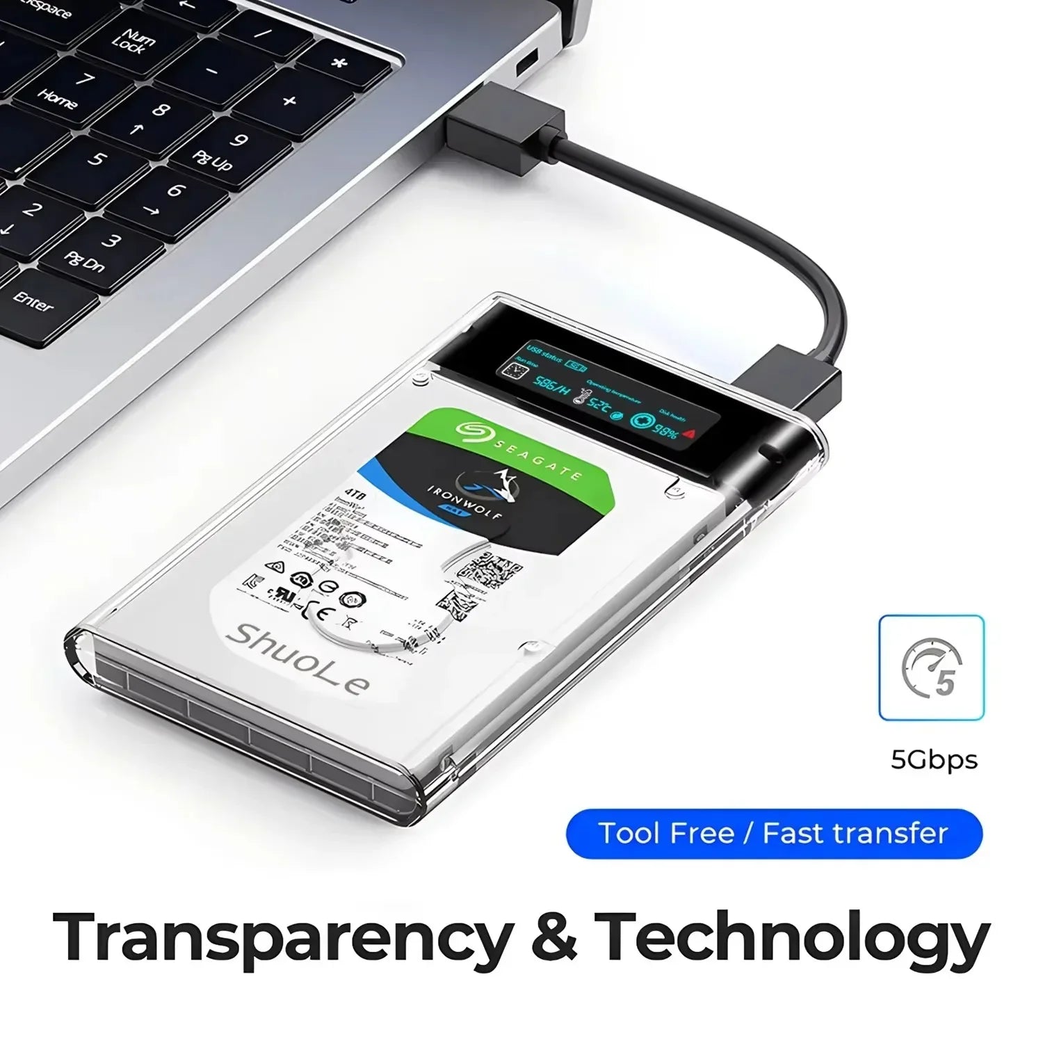 Smart Display HDD Case 2.5 Inch Transparent HDD Enclosure SATA to USB 3.0 External Shell SATA HDD SSD Storage Case for Laptop PC