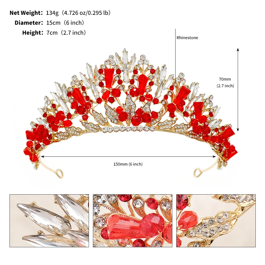 Red Luxury Bridal Wedding Crown Handmade Rhinestone Elegant Tiara Halloween Red Collection Hairbands Headpieces Accessories