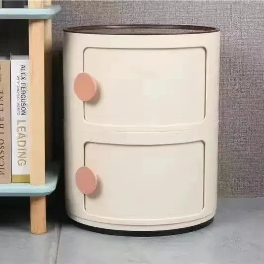 Plastic Round Nightstand Bedside Table Cabinet with Sliding Doors Round Storage Bedside Cabinet Nightstand  for Living Bedroom