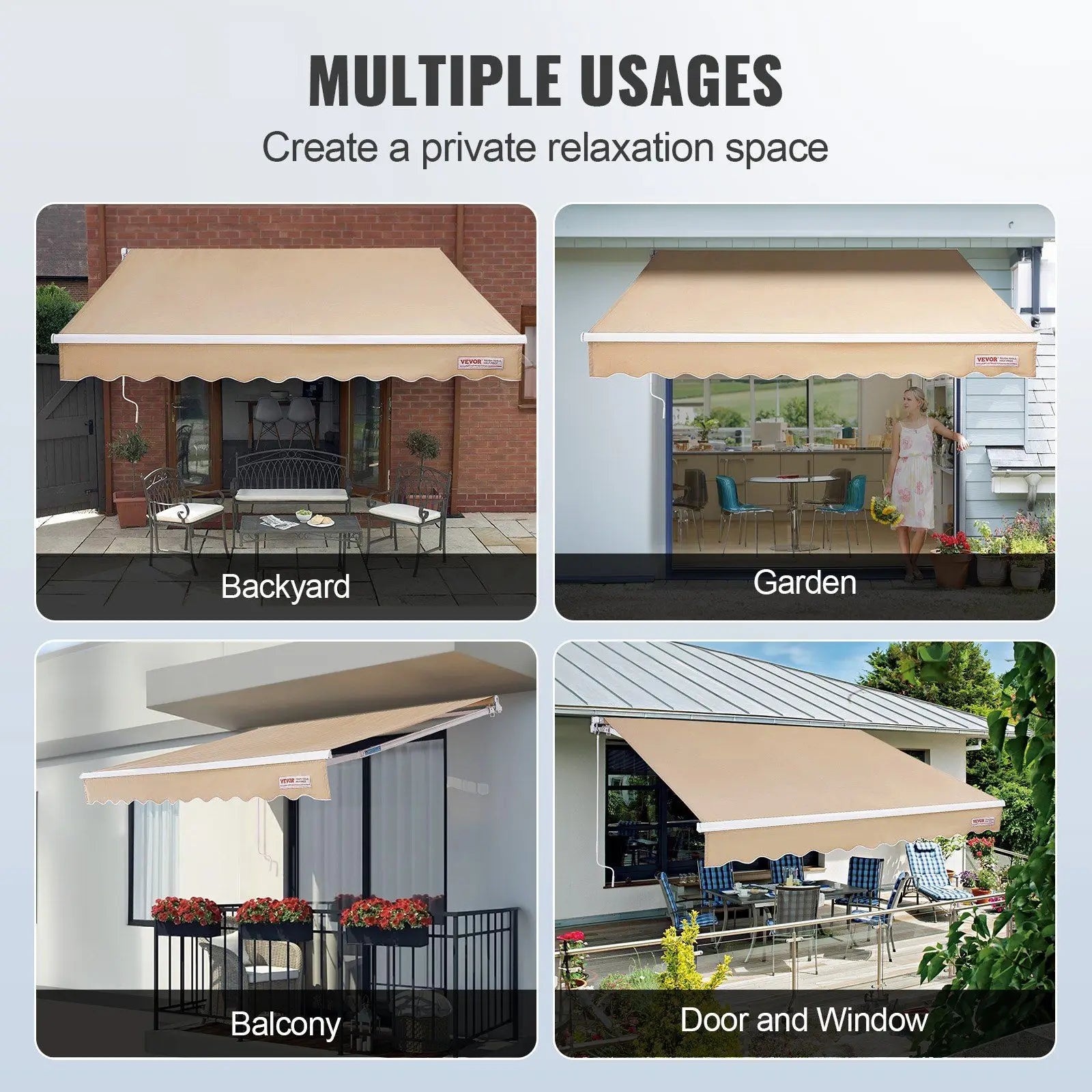 Manual Retractable Awning, 10 x 8 ft Outdoor Patio Awning Retractable Sun Shade, Water-Resistant Polyester Patio Door Window Awn