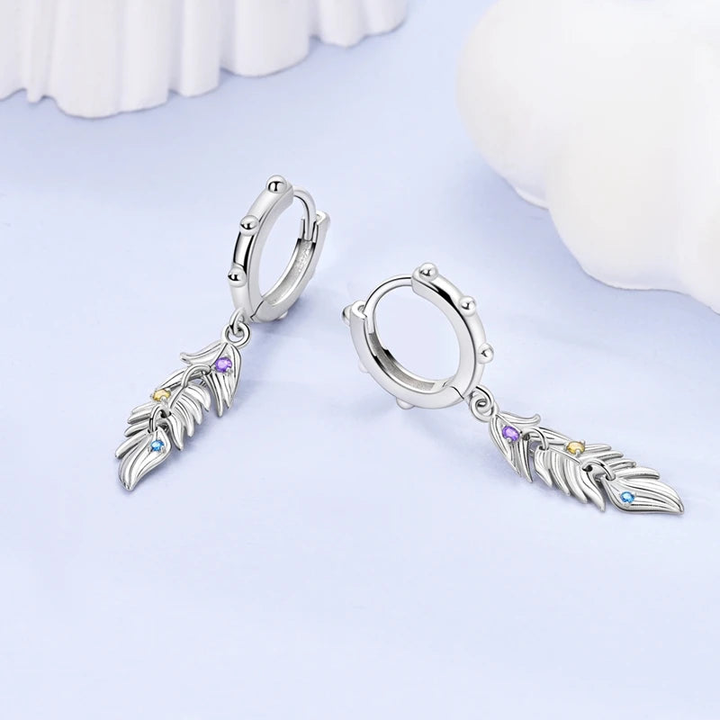 925 Sterling Silver Earrings Bohemian Colorful Feather Hoops Earrings With Zircon for Women Wedding Party Fashion Jewelry Gifts
