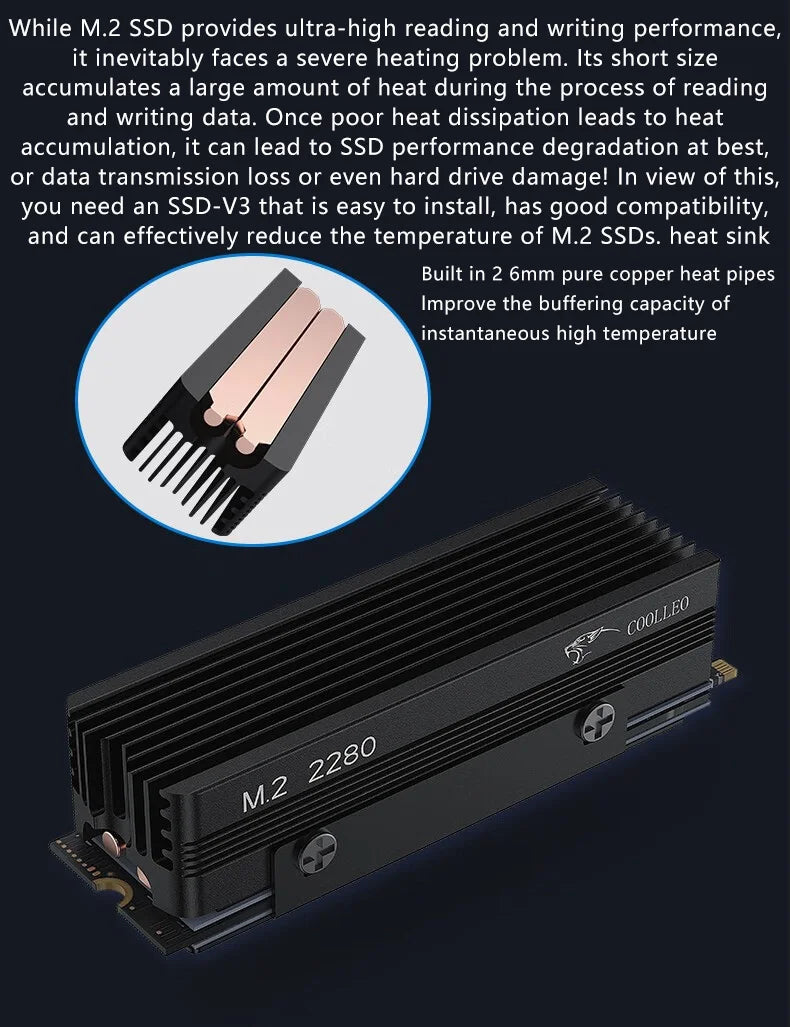COOLLEO M.2 2280 SSD Heat sink with 14.8W/MK Thermal Pad 2 Heat Pipes Solid State Drive Radiator For M.2 NVMe 2280 SSD Cooler