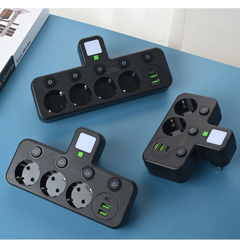 Wireless Wall Charger Socket with 3 AC Outlets +2 USB Ports+ 1 Type C 6-in-1 Plug Socket EU Plug Fast Charging power board