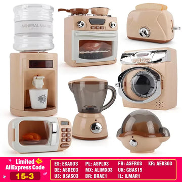 Simulation Electric Kitchen Toys Appliances Pop-up Toaster Microwave Oven Washer Dryer Mixer Blender Set Coffee Maker for Kids