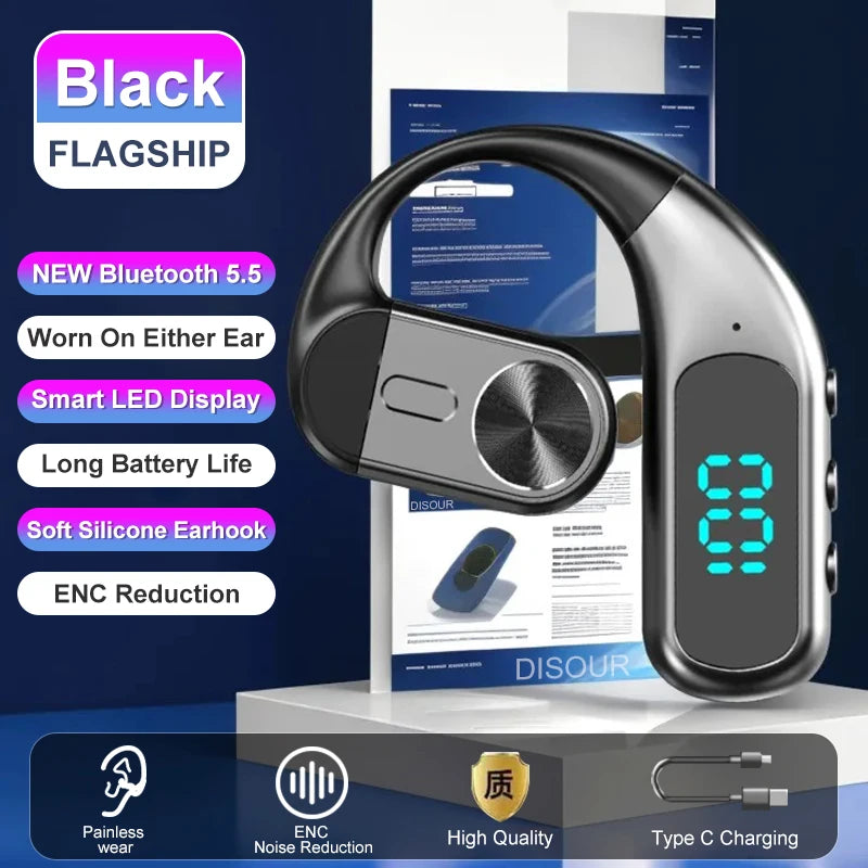 Single Ear Bluetooth 5.5 Wireless Earphone LED Display Ear-Hook Headset 180° Rotatable Wireless Earbuds Waterproof Sport Headset
