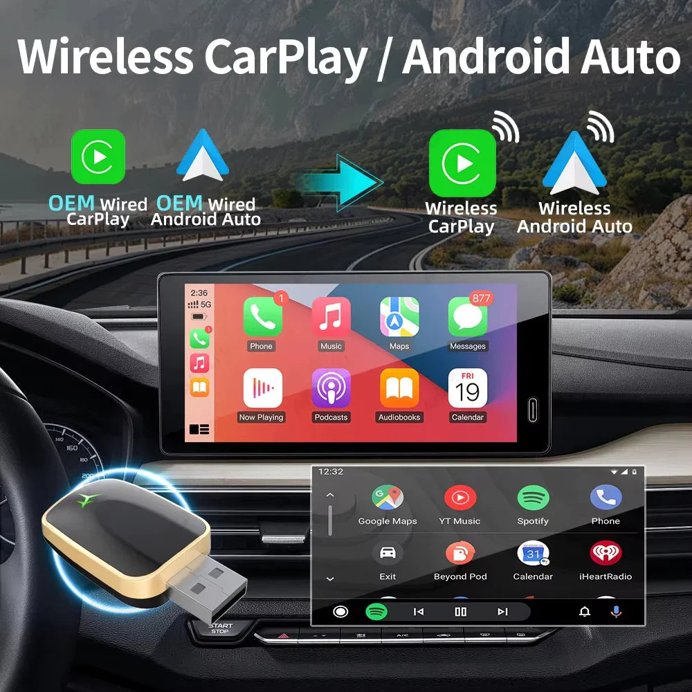 Wired To Wireless Carplay Android 2-in-1 Automatic Adapter Car Gadget Smart Box 5.8GHz Wifi  Plug and Play OTA Update Universal