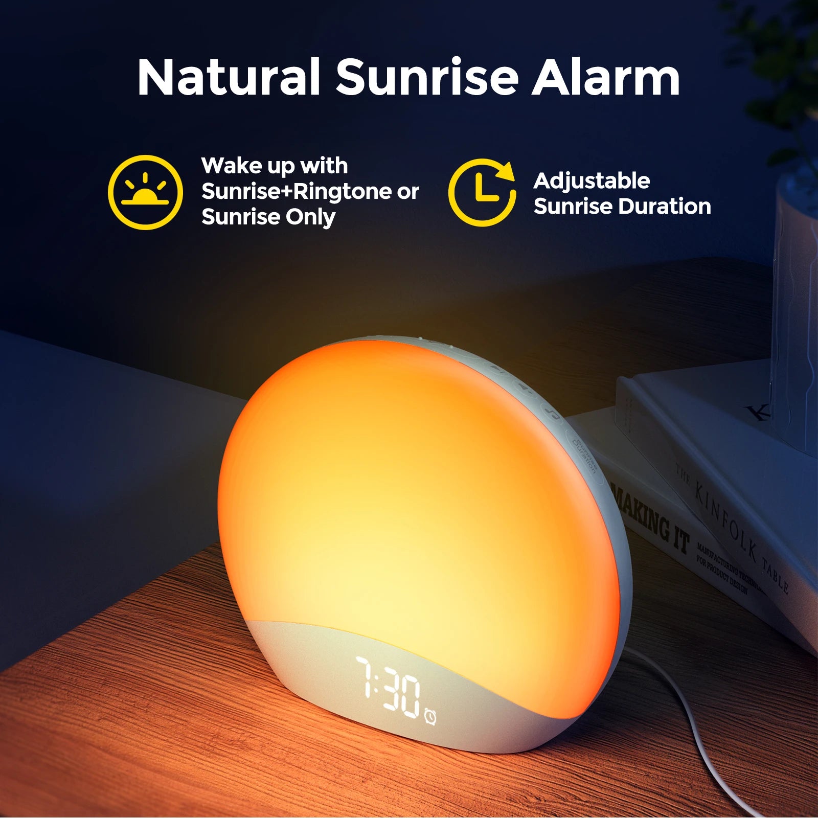 Awakening Wake Up Sunrise Alarm Clock Table Clock Dimmable with 3 Ring 8 Nightlight 26 Sound Sleep Timer Night Light