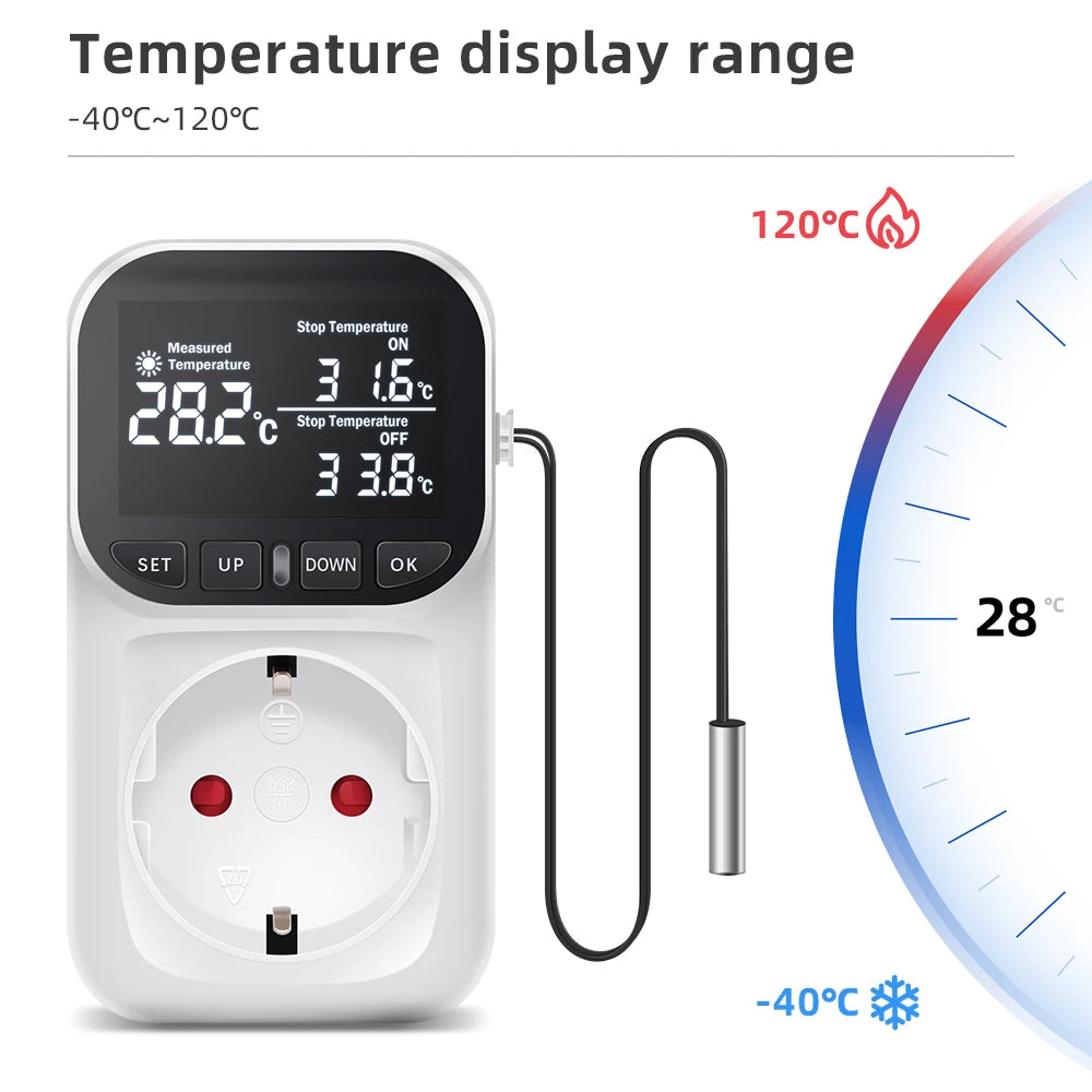 16A Thermostat Socket Multi-Function Temperature Controller Outlet with Timer Switch Sensor Probe Heating Cooling Switch