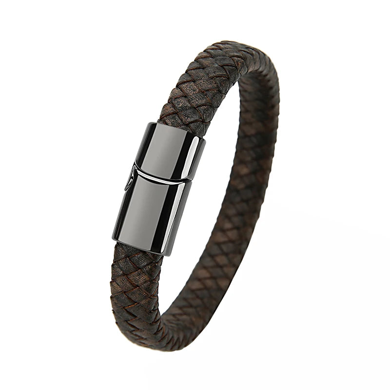 Mibrow Braided Black Leather Men Bracelet 10x5 12x6mm Size Fashion Metal Magnetic Clasp Wrap Bracelets Punk Charm Men Jewelry