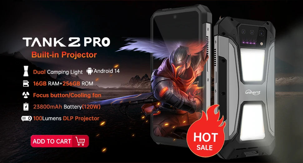 Unihertz TANK 2 Projector phone 22GB 256/512GB 32MP 108MP 64MP Night Vision Double Camping Light 15500mAh G99 Support TF SD NFC