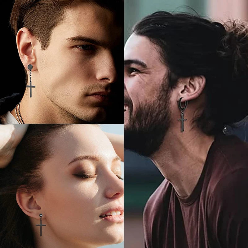 1/16 pairs Black Punk Stainless Steel Women Men Hoop Earrings Small Trendy Round Cross Pendants Jewelry Accessories Earrings