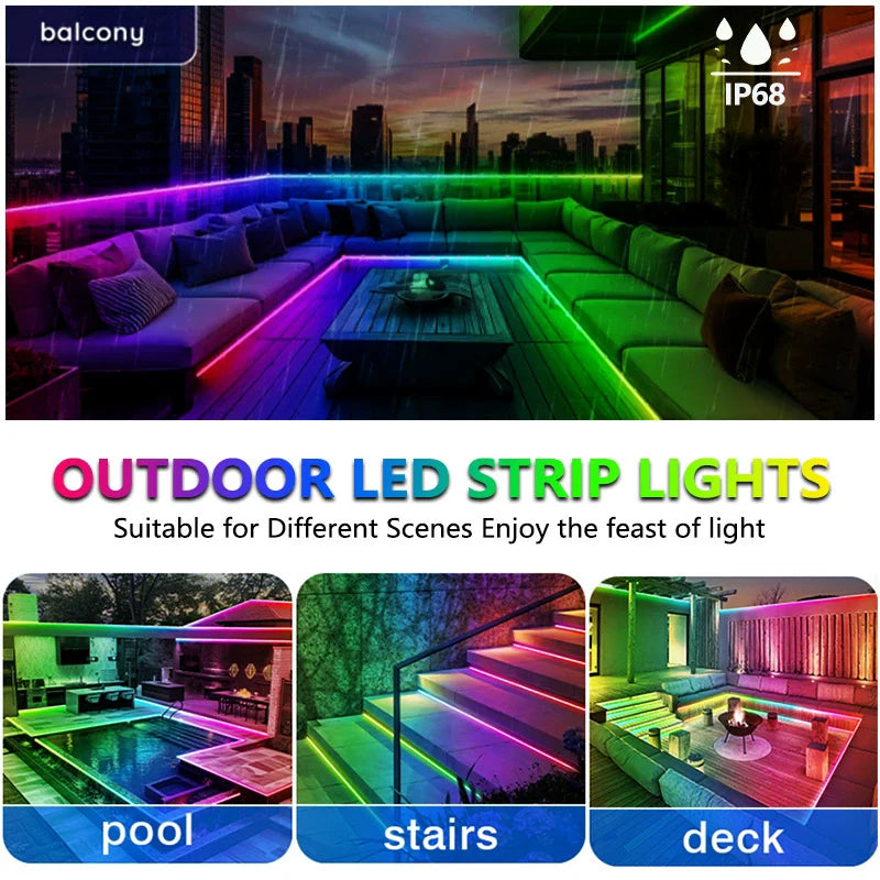 Outdoor LED Strip Lights Waterproof IP68 USB RGB LED Strip with Bluetooth App RF Remote Control Music Sync for Indoor Outdoor