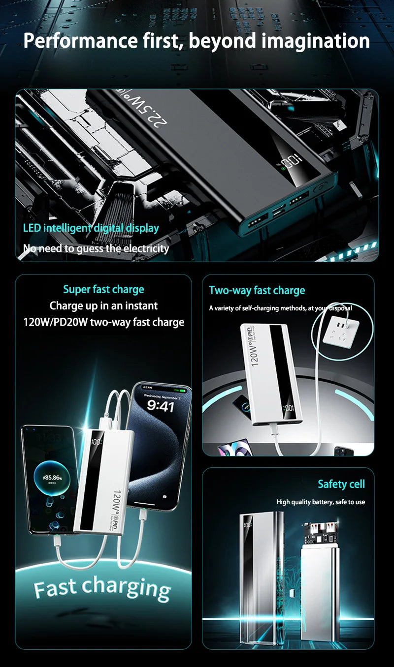 500000mAh High Capacity PowerBank 120W Super Fast Charging Portable External Battery Powerbank for iphone Huawei