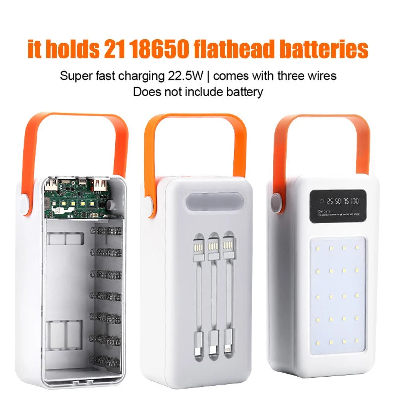 DIY Power Bank Case 18650x21 PD QC4.0 3.0 22.5W Fast Charge Battery Storage Box with Micro Type-c Charging Cable Camping Light