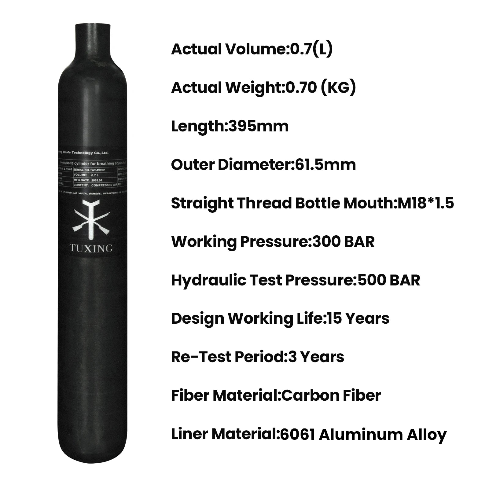TUXING 4500Psi 300Bar 0.7L 700cc 42Ci Carbon Fiber Cylinder HPA High Pressure Regulating Valve Fill Station Scuba Diving M18*1.5