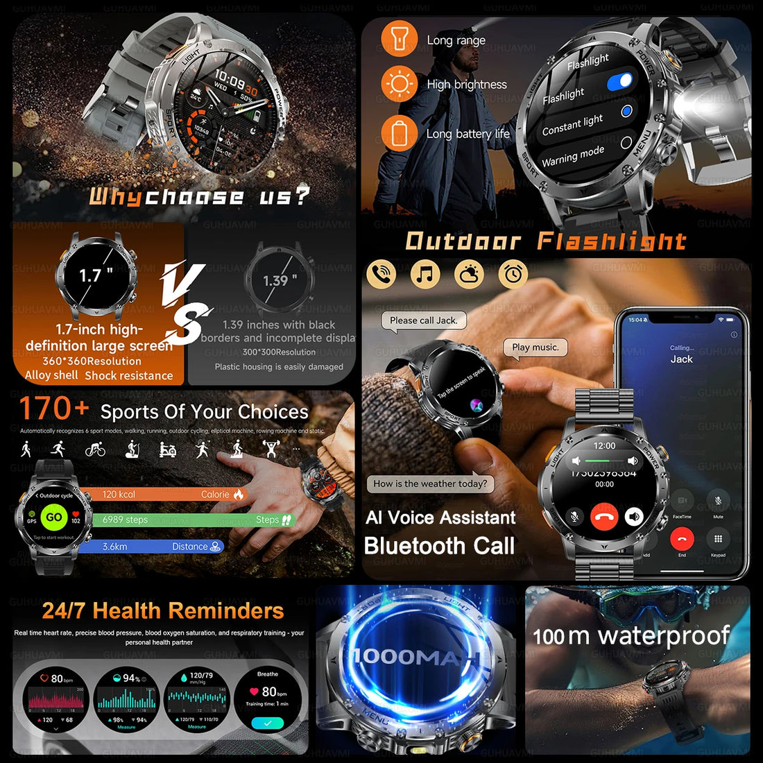 2025 New Military Smart Watch 1000Mah Battery Fitness Tracking 10ATM Waterproof Tactics Sport Flashlight call Bracelet For Men