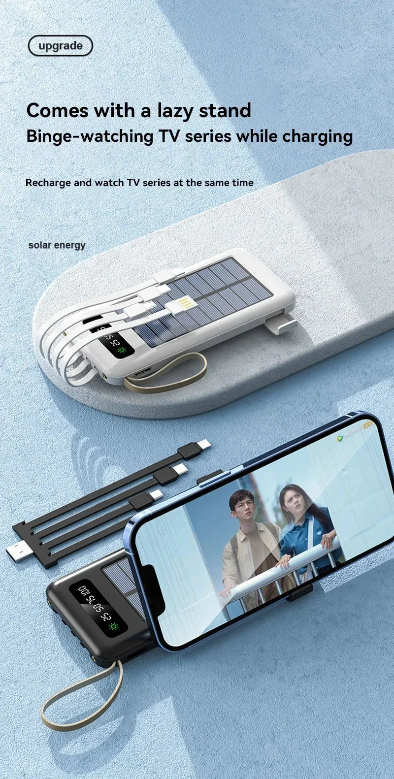Solar Power Bank 500000mAh Fast Charging Powerbank High Capacity Portable Mobile Power Flashlight Built in 4 Cables Battery
