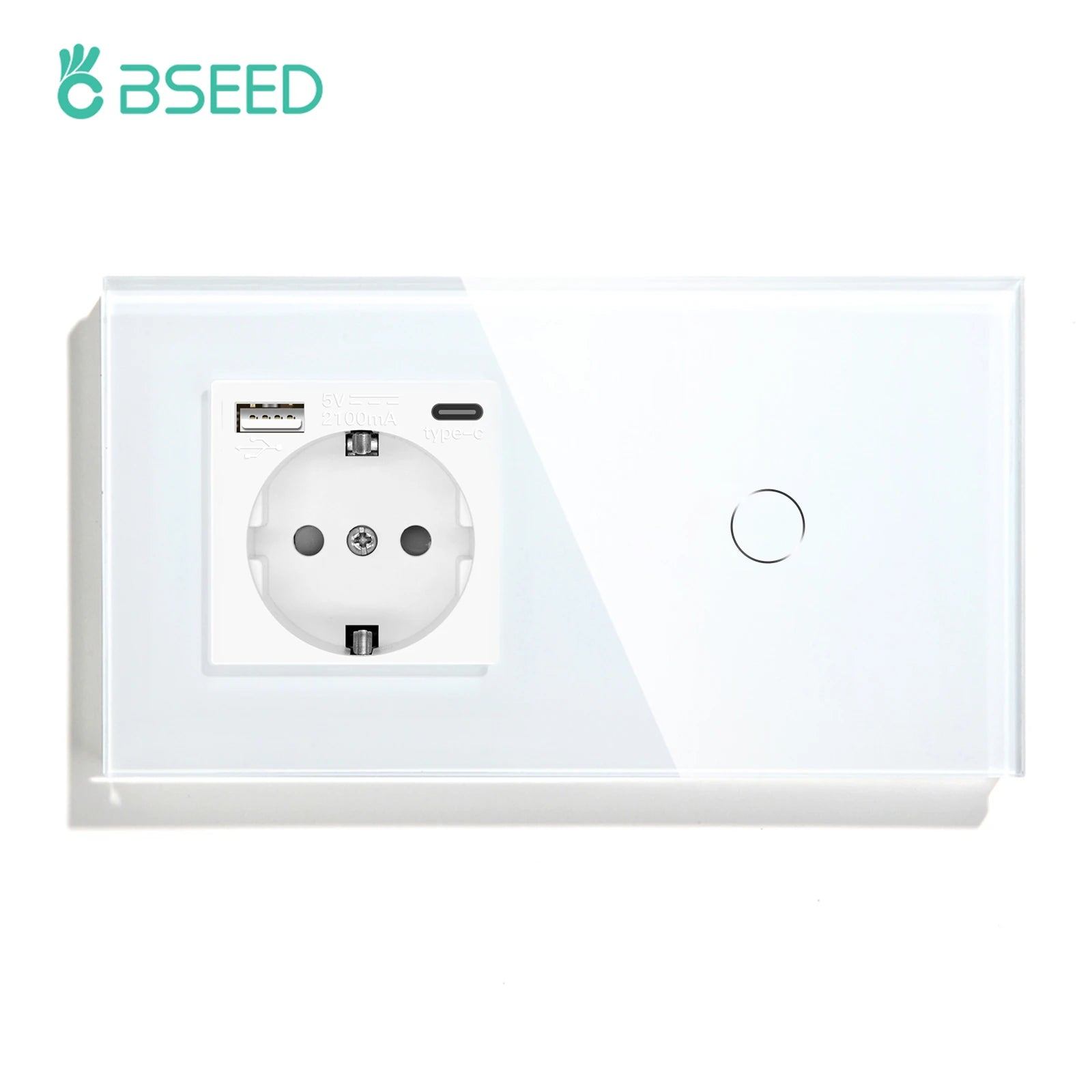 BSEED Touch Light Switch With EU Power Wall Sockets White Wall Led Switches 1/2/3Gang 1Way Crystal Glass Panel Dark Backlight