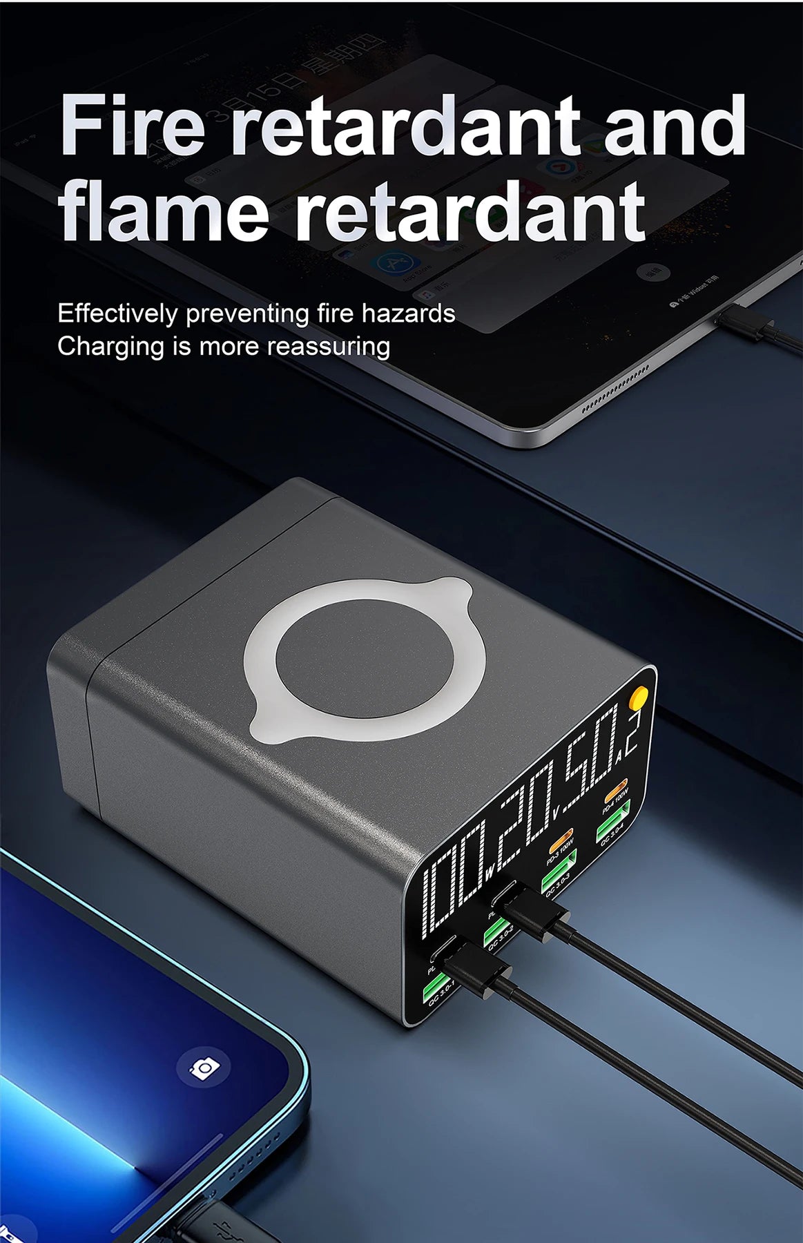 80W/120W 8 Ports Charger station Digital Display USB Type C With Wireless Charger PD QC3.0 Quick Charger For Laptop Tablet Phone