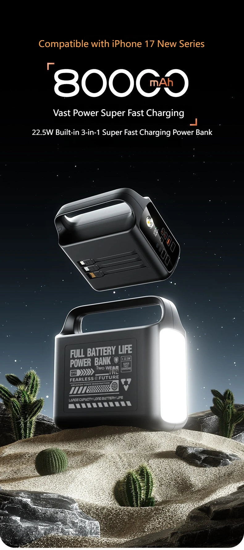 200000mAh Power Bank Large Capacity Portable Outdoor Emergency Power Supply Built-in cable Camping Iight For iPhone Xiaomi