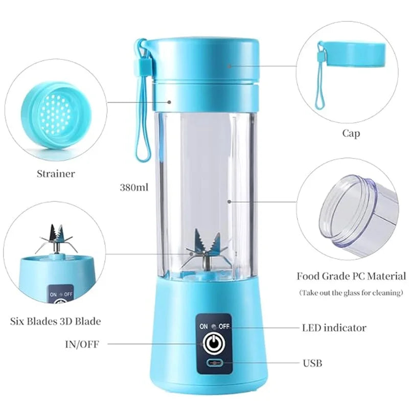 Portable Blender Electric Juicer Stainless Steel Blade 380ml Mini Juice Cup Smoothie Juice Blender Suitable for Commuting