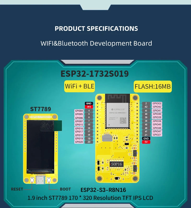ESP32-S3 HMI  8M PSRAM 16M Flash Arduino LVGL WIFI&Bluetooth 1.9 "  170*320  Smart Display Screen 1.9 inch IPS LCD TFT Module